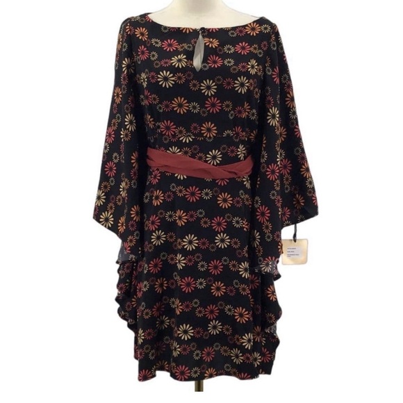 Unique Vintage Smak Parlour Floral Hippie Chic Bat Wing Belted Mini Dress, Sz L - Picture 2 of 5